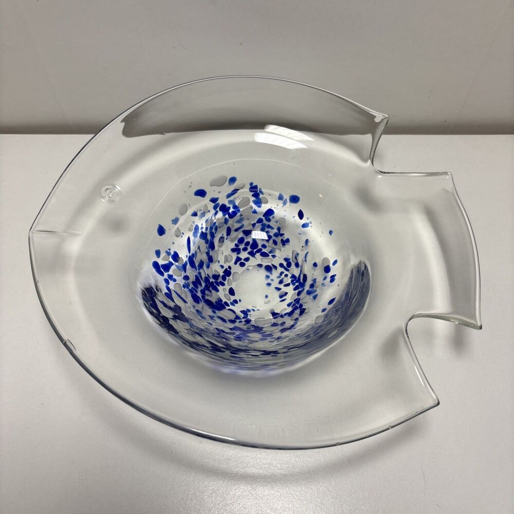 9" Murano Style Art Glass Clear Fish Shaped Bowl Blue & White Confetti Fused